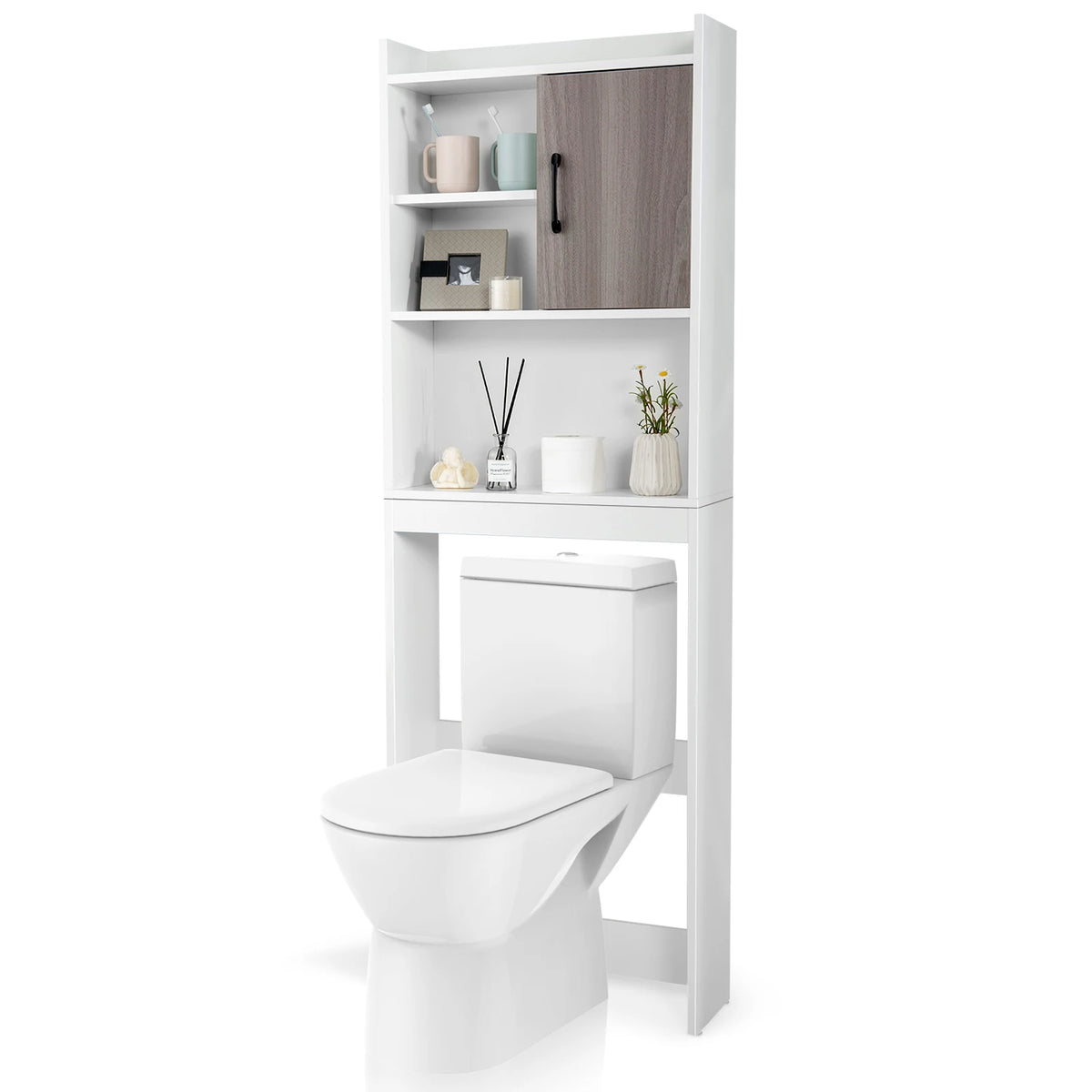 Over The Toilet Storage Cabinet, Bathroom Space Saver w/ Open Shelves & Door