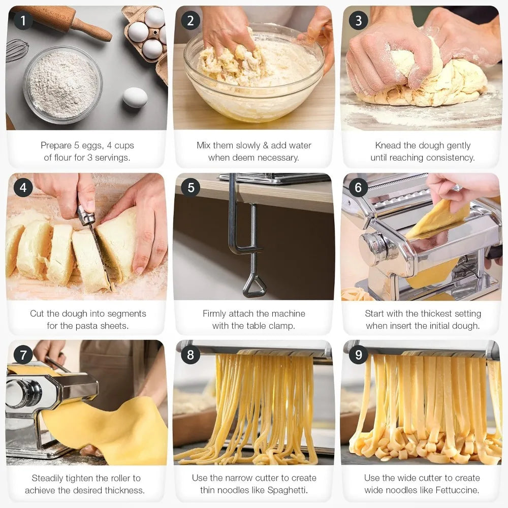 3-in-1 Pasta Machine: 9 Thickness Settings, Dough Rollers & 2 Cutters, Stainless Steel, Durable & Easy Clean