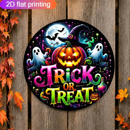 1 Piece Halloween Home Decoration, Aluminum Sign 7.87inch Square Metal Sign With Pumpkin, Ghost, And Witch Hat