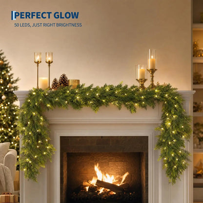 9Ft Norfolk Pine Christmas Garland,  Artificial Layered Faux Greenery, Christmas Wreaths with 50 Led Lights 8 Lighting Modes for Home Party Decoration Outdoor Yard Pine Rattan Hanging Ornaments