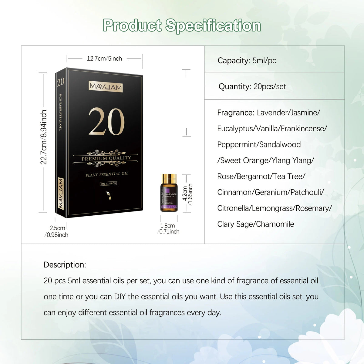 20 Bottles Essential Oils Kit Set, Lavender Jasmine Eucalyptus Vanilla Sandalwood Sweet Orange Geranium Patchouli