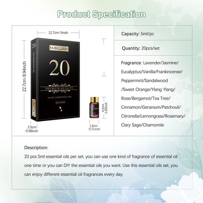 20 Bottles Essential Oils Kit Set, Lavender Jasmine Eucalyptus Vanilla Sandalwood Sweet Orange Geranium Patchouli