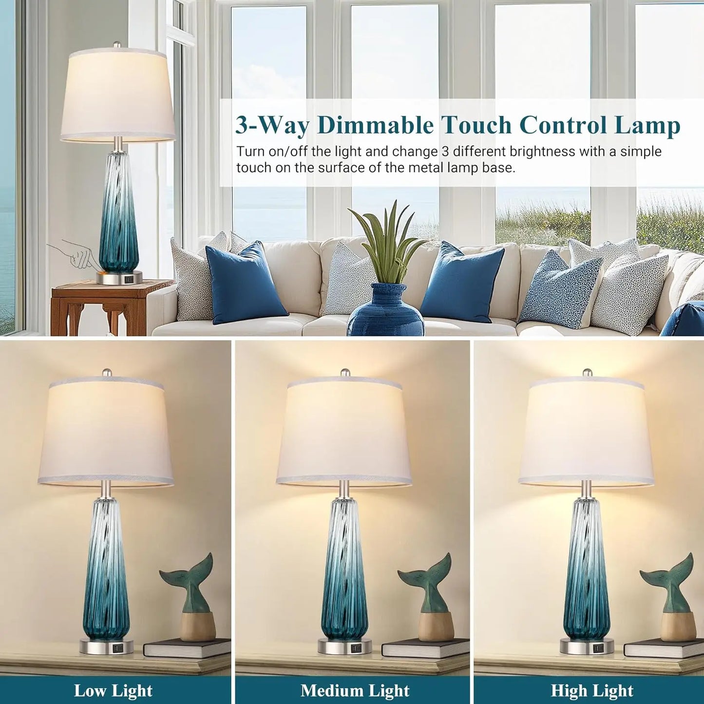 Touch Control Glass Table Lamps, Set of 2 with USB A+C Ports, 3-Way Dimmable, White Fabric Shade