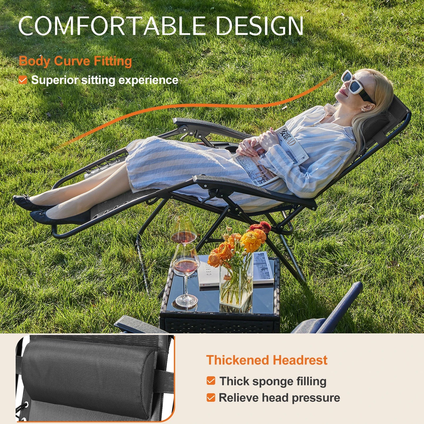 Zero Gravity Set of 2 Portable Recliner Lounge Chair with Cup Holder , Adjustable Trays and Pillow
