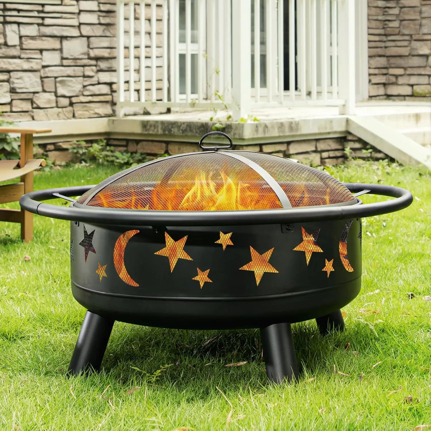 32 Inch Round Fire Pit with Mesh Cover, with Star and Moon Design