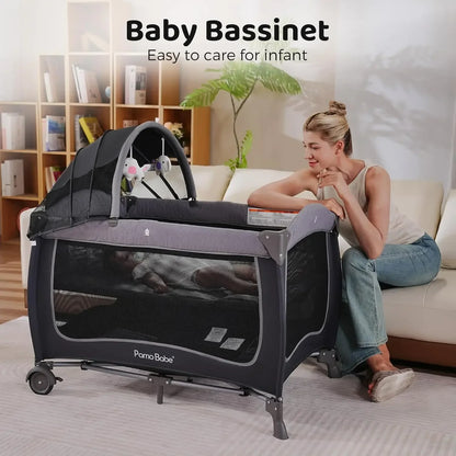 Baby Playard with Canopy, Portable Crib with Changing Table