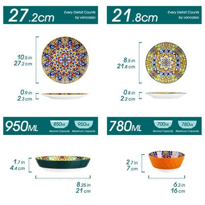 24 PCS Ceramic Dinnerware Set, Porcelain Bohemian Style with Dinner/Dessert Plate/Cereal/Pasta Bowl For 6