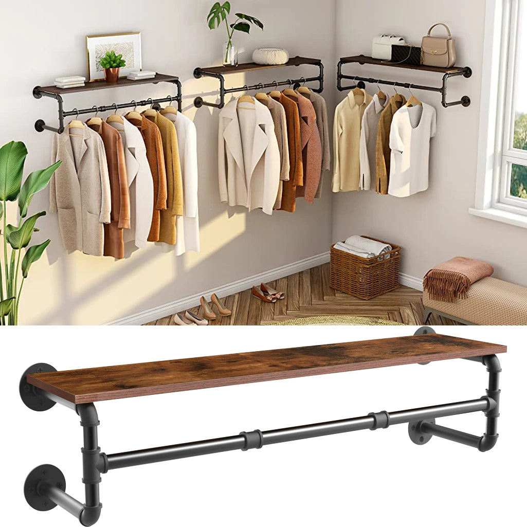 Industrial Pipe Clothing Rack, Wall Mounted Wood Shelf, Pipe Shelving
