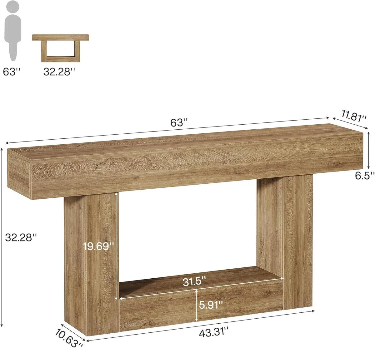 63" Console Table, Farmhouse 2-Tier Entryway Table with U-Shaped Base, Narrow Long Wood Sofa Table, Behind Couch Table