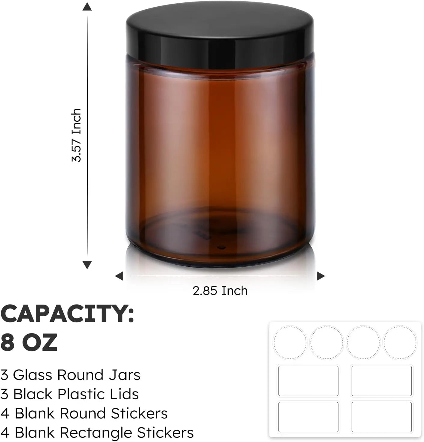 8oz Amber Glass Jars with Lids, 3 Pack with Blank Labels, Containers for Sample, Cream, Lotion, Honey, Powder, Jelly