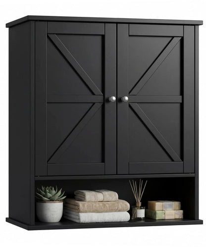 27.6" H Bathroom Wall Cabinet, Modern With Adjustable Shelf & 2 Rattan Doors