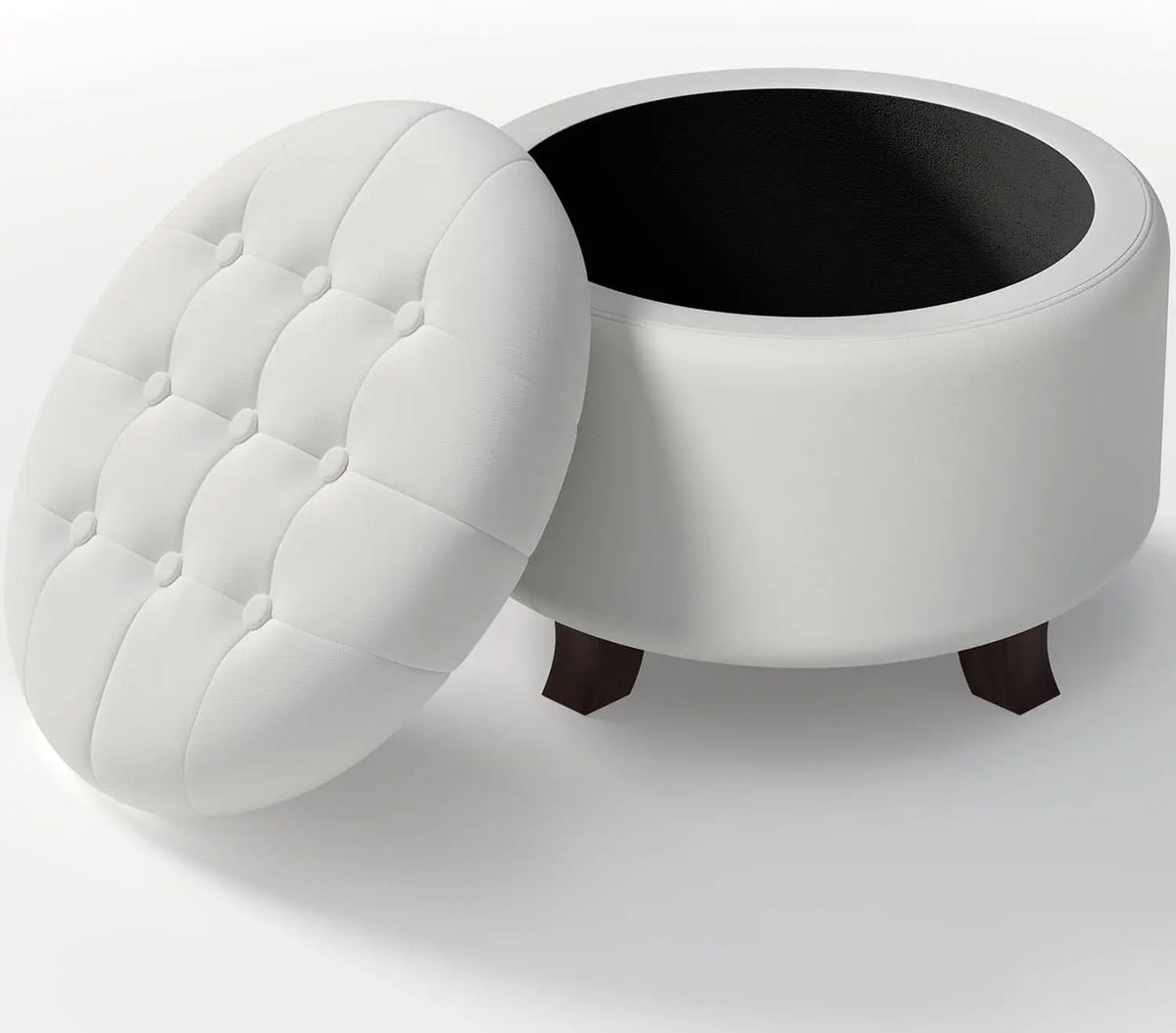 Round footstool, upholstered with storage, taupe and black.