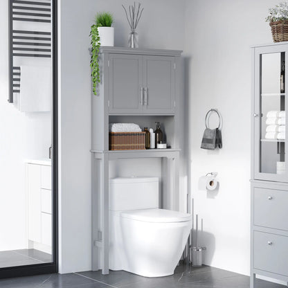 Modern over the Toilet Storage Cabinet, Double Door Bathroom Organizer with Inner Adjustable Shelf and Open Shelf, Grey