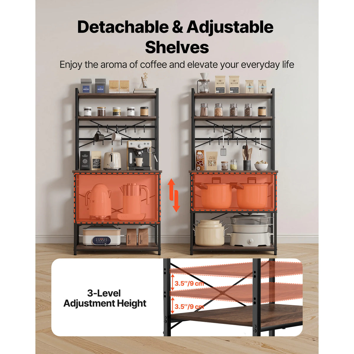 Kitchen Bakers Rack, 23.6 In/31.5 In/35.4 In  Stand with X-Shaped Support Bar, Coffee Bar for Cups & Dishes