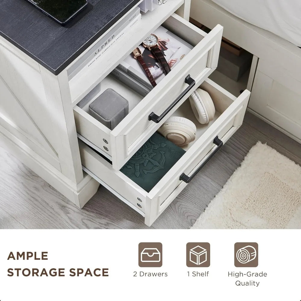 18 Inch Farmhouse Nightstands Set of 2, 2 Drawer Storage & Charging Station