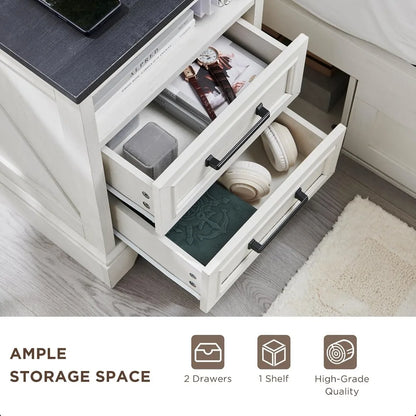 18 Inch Farmhouse Nightstands Set of 2, 2 Drawer Storage & Charging Station