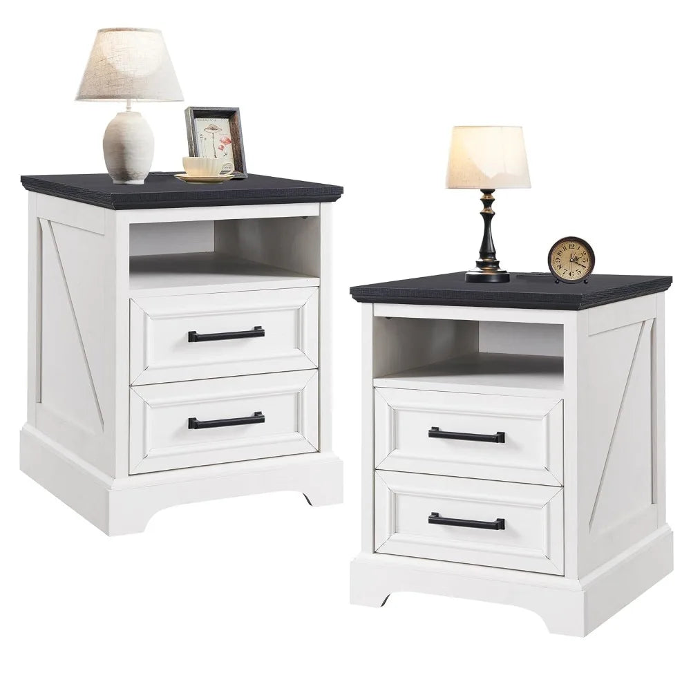 18 Inch Farmhouse Nightstands Set of 2, 2 Drawer Storage & Charging Station