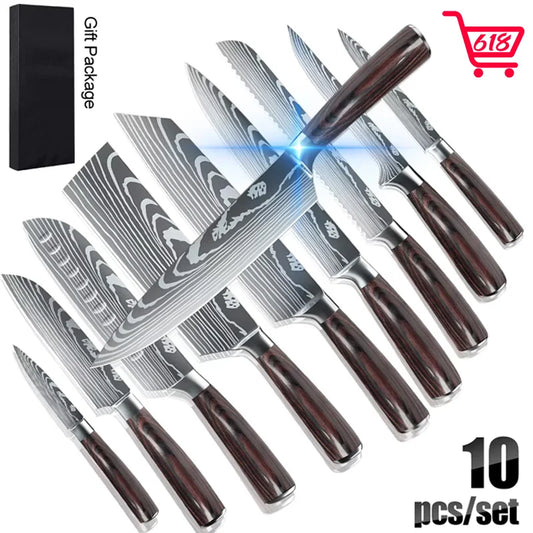 8pcs Kitchen Knives Set, Laser Damascus Pattern, High Carbon Stainless Steel