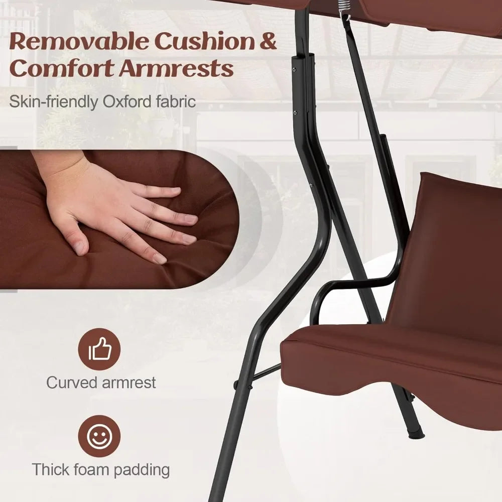 3 Person Porch Swing, with Removable Cushions and Powder Coated Steel Frame, with Canopy