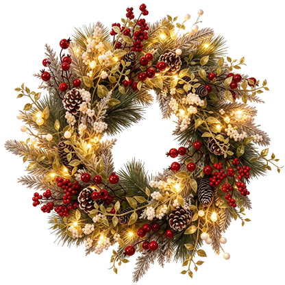24 inch Pre-Lit Christmas Wreath with 20 LED Lights, 8-Mode Timer, Snowy Pinecone Berry Holiday Wreath for Front Door, Indoor Outdoor Decor