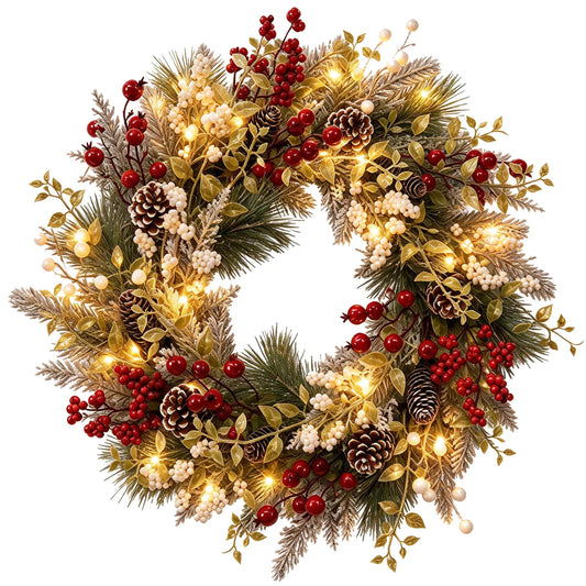 24 inch Pre-Lit Christmas Wreath with 20 LED Lights, 8-Mode Timer, Snowy Pinecone Berry Holiday Wreath for Front Door, Indoor Outdoor Decor