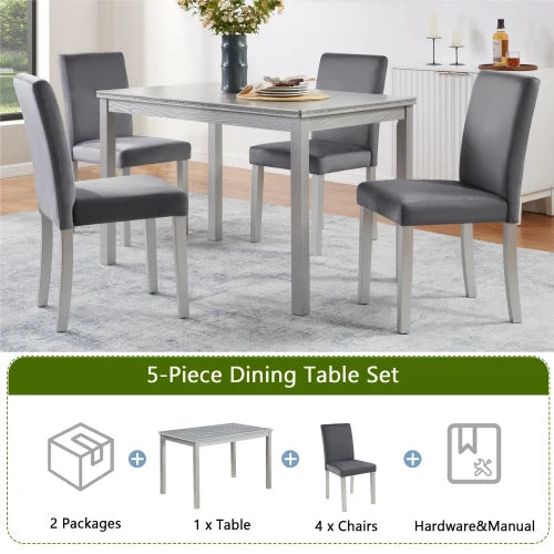 5-piece wooden dining table set with rectangular table and 4 cushioned chairs, decorated with crystal, silver gray