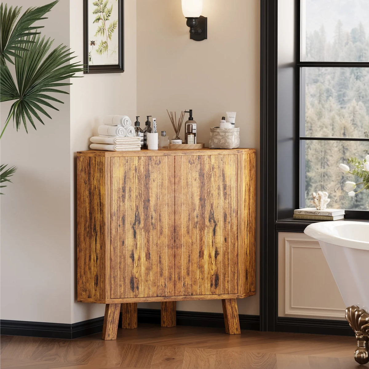 Farmhouse Corner Storage Cabinet with Adjustable Shelf, Industrial Wooden Corner Table