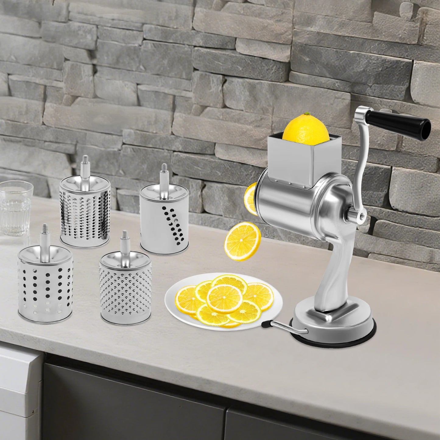 Rotary Grater, Stainless Steel Slicer with 5 Blades & Suction Cup Base