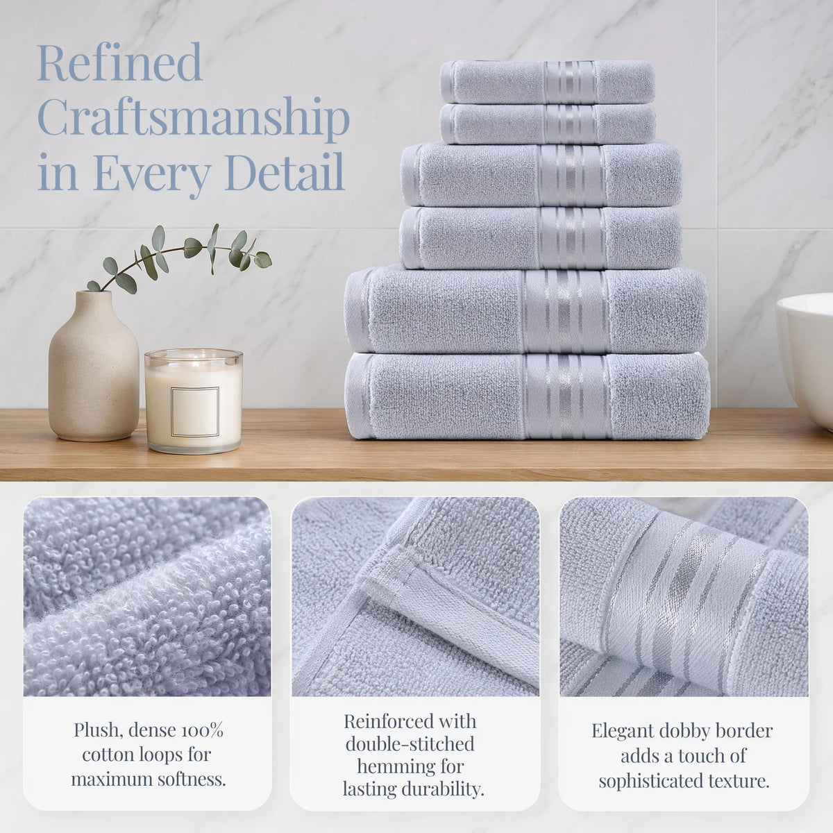 Luxury 6 Piece Towel Set, 2 Bath Towels 2 Hand Towel 2 Washcloths, 100% Cotton Turkish Towels