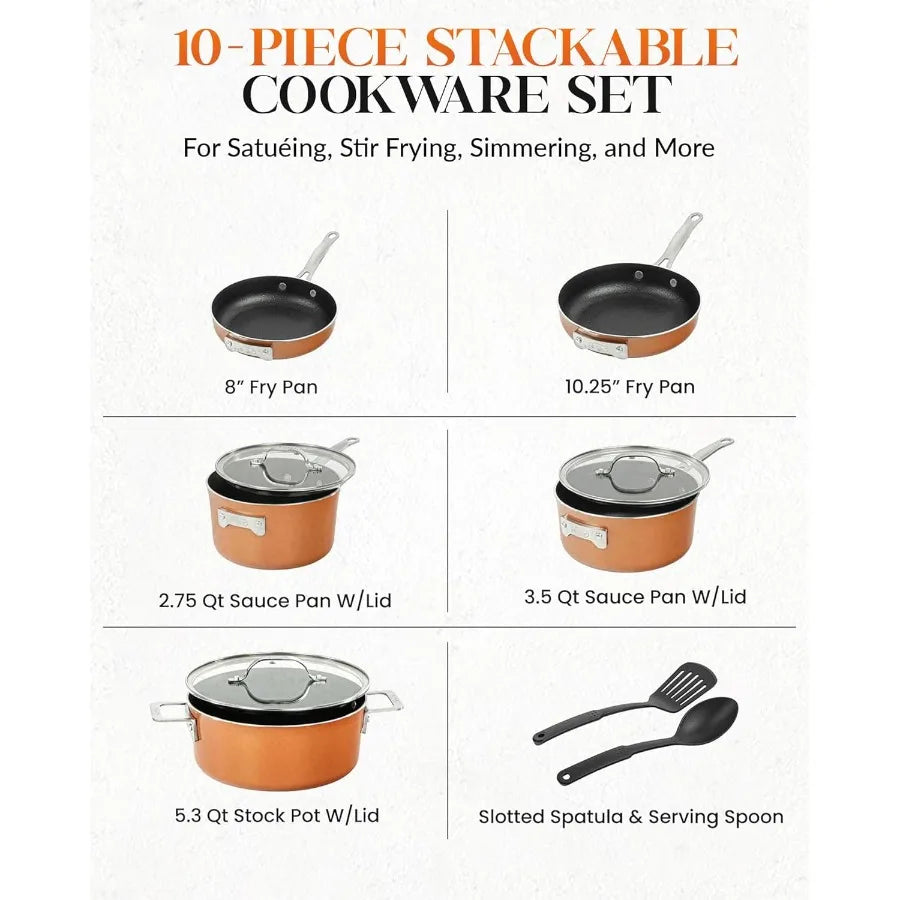 Stackable Pots and Pans, 10 Piece Cookware Set with Ultra Nonstick Cast Texture, Ceramic Coating Copper