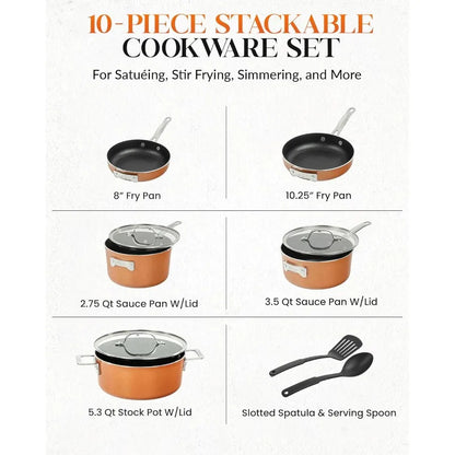 Stackable Pots and Pans, 10 Piece Cookware Set with Ultra Nonstick Cast Texture, Ceramic Coating Copper
