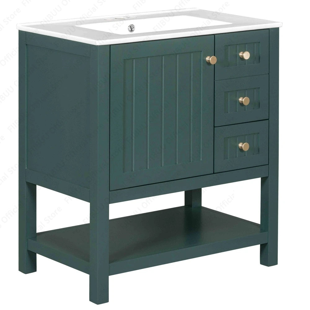 Bathroom Vanity Cabinet Combo, 30 Inch with Ceramic Sink, Soft-Close Doors, Solid Wood Frame, Waterproof for Small Bathroom Storage