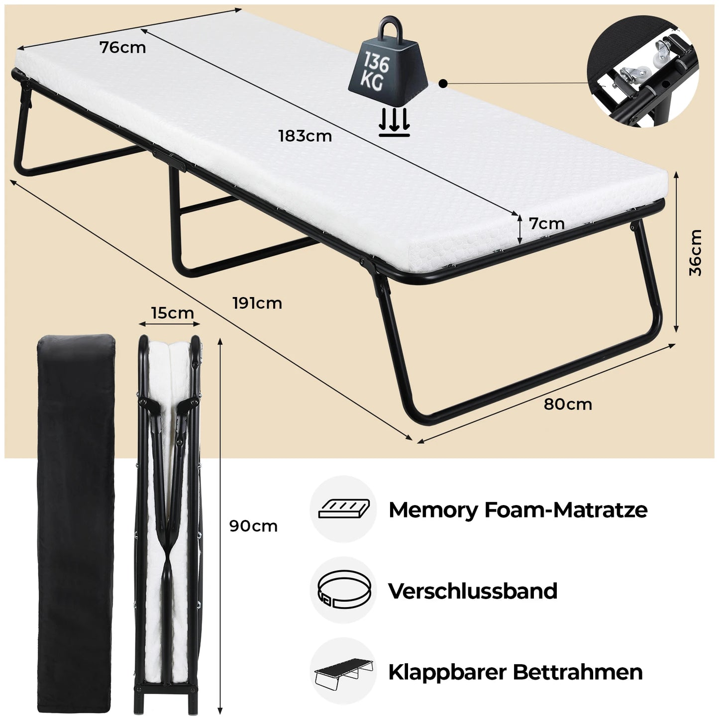 Folding Bed, 80x190cm with 7cm Thick Memory Foam Mattress, Portable