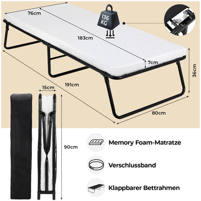 Folding Bed, 80x190cm with 7cm Thick Memory Foam Mattress, Portable