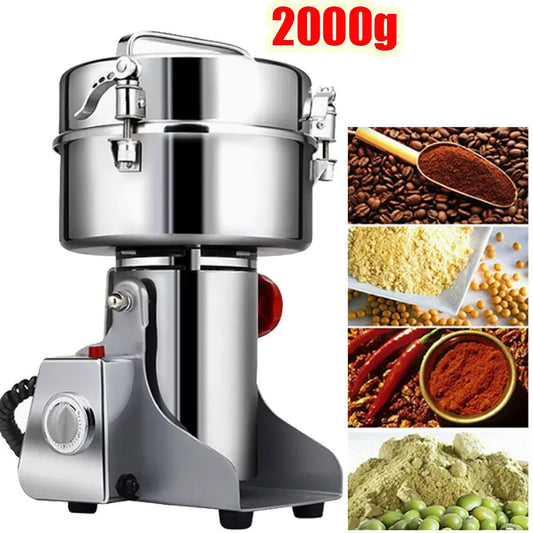 2000G Electric Stainless Steel Grain Mill Grinder, Pulverizer Powder Machine, for Dry Herbs Grains Spices Cereals Coffee Corn