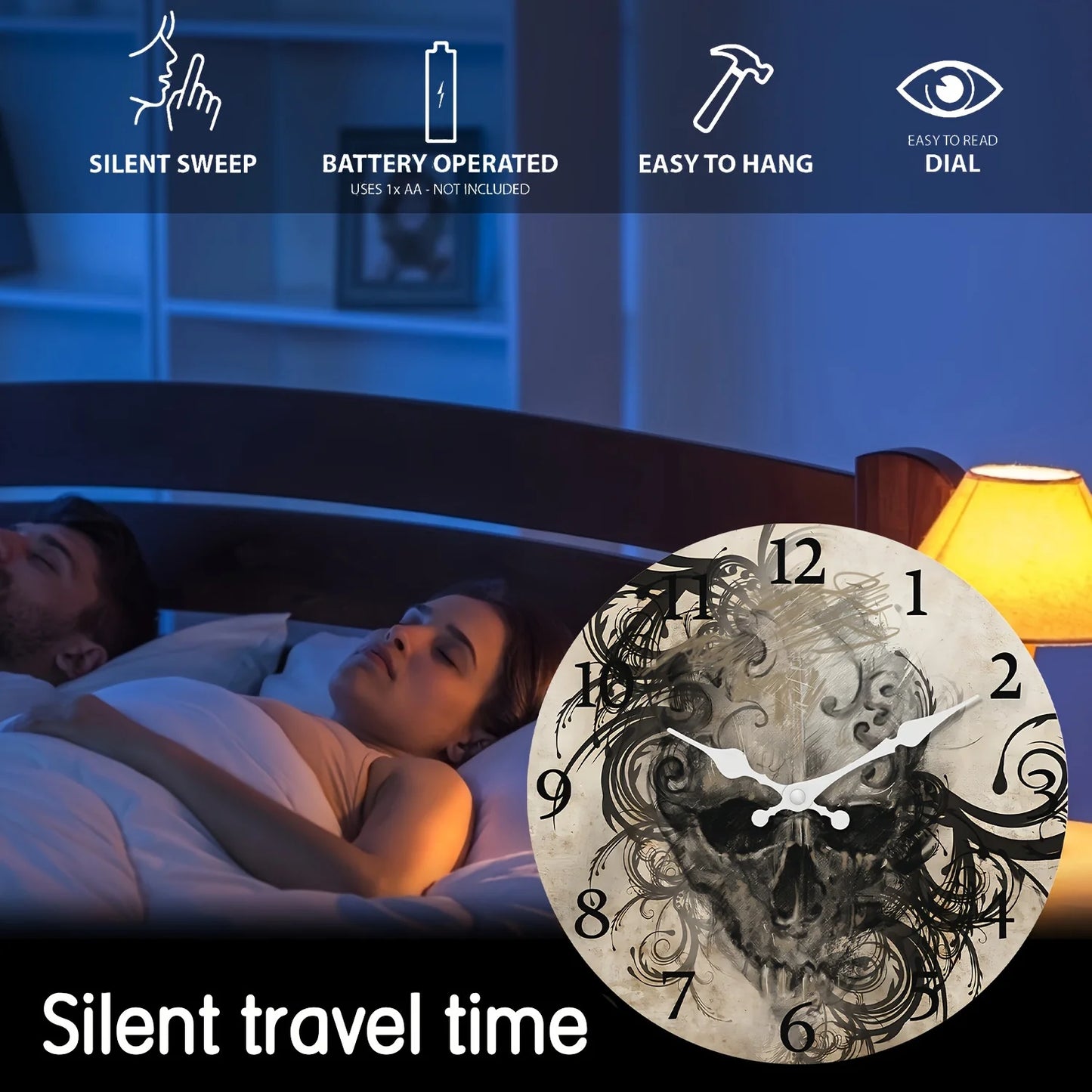 One 10-inch scary skull head wooden hanging clock