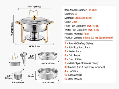4 Pack Chafing Dish Buffet Set, Stainless Steel w/4 Full Size Round Pans