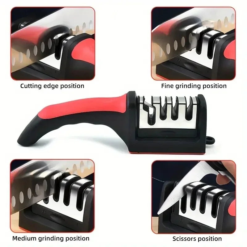 3-Segment Knife Sharpener for Kitchen, Stainless Steel Three-Purpose Sharpening Stone