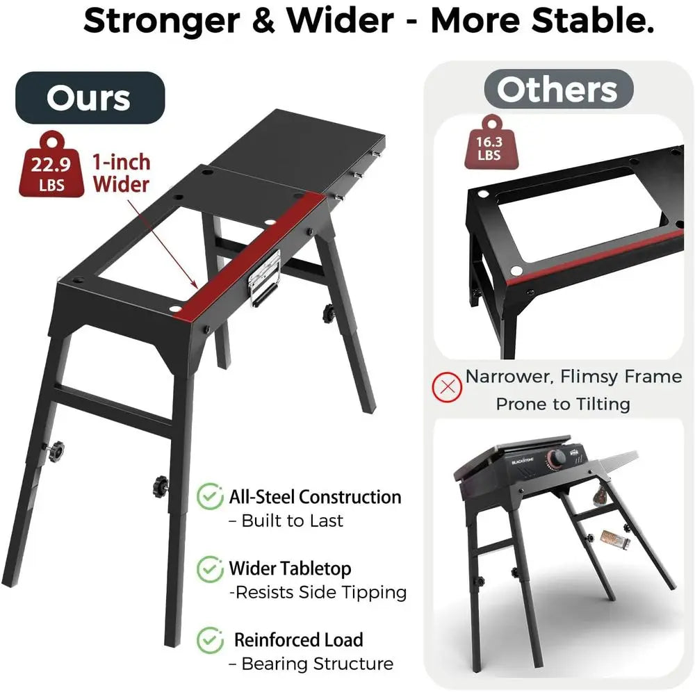 Heavy Duty Griddle Stand 17 & 22 Inch Outdoor Grill Table with Adjustable Legs, Side Shelf, Utensil Hooks - Portable