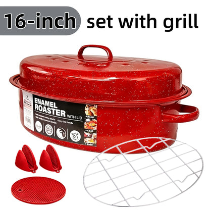 16 Inch Roasting Pan with Lid-Enamel Carbon Steel-Excellent Heat Distribution and Non-stick