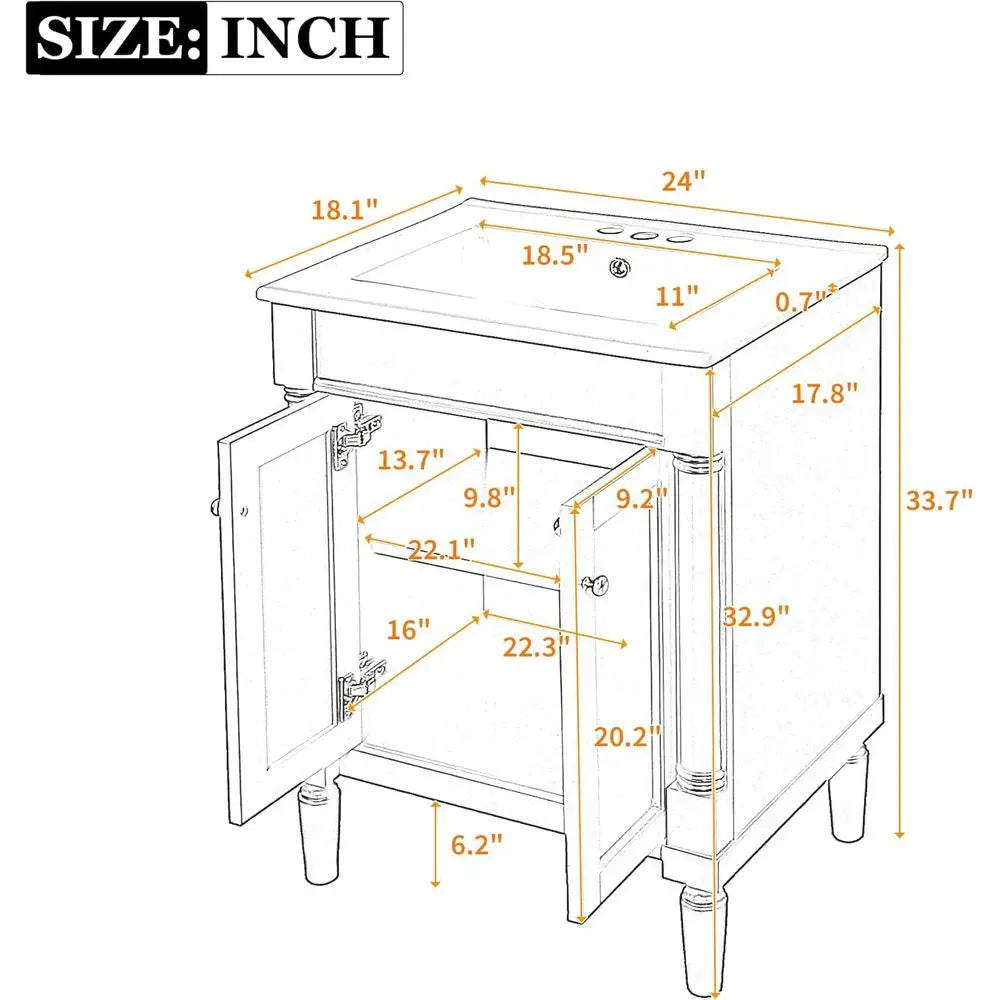 24" Bathroom Vanity with Sink, 2-Door Cabinet, Undermount Sink