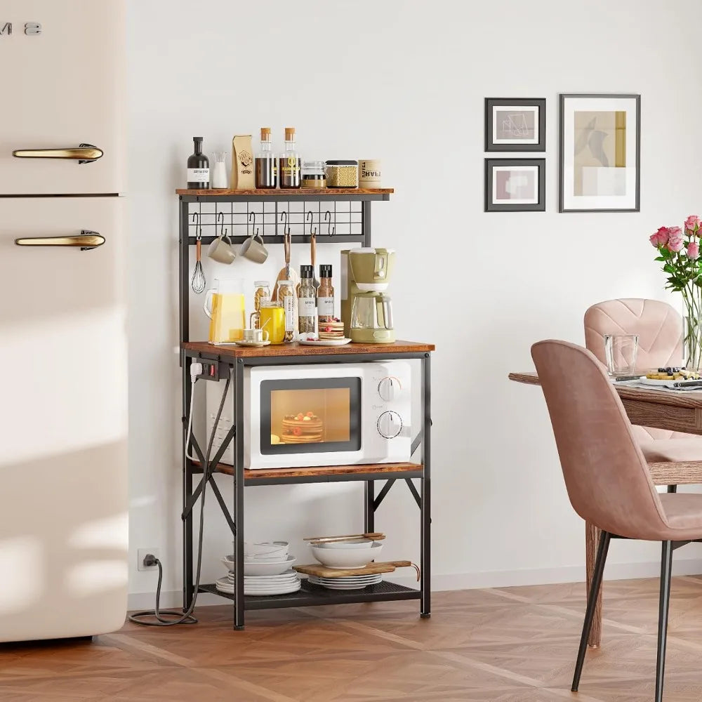 Kitchen Bakers Rack with Power Outlet, Microwave Oven Stand with Storage 4 Tiers