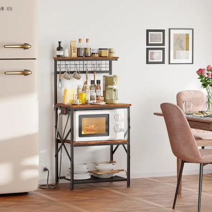 Kitchen Bakers Rack with Power Outlet, Microwave Oven Stand with Storage 4 Tiers