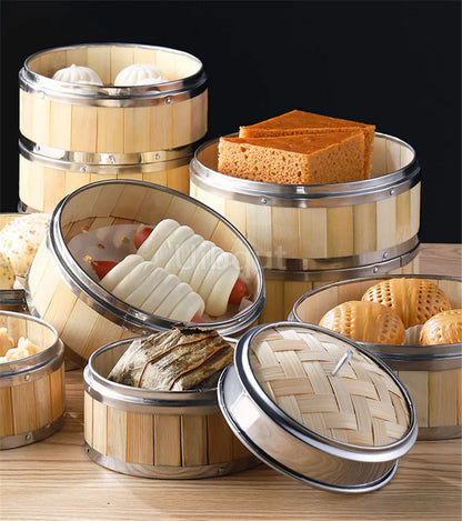 Bamboo Food Steamer basket with Stainless Steel Banding