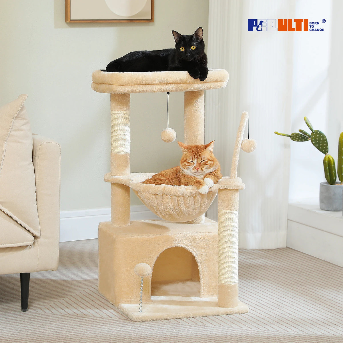 4-in-1 Cat Tree with Large Cat Condo, Sisal Scratching Post, Deep Hammock, Cozy Top Perch