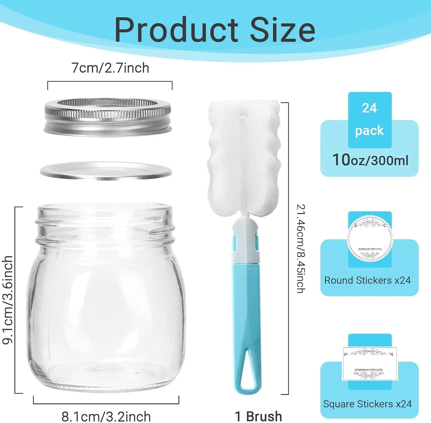 10 oz Glass Mason Jars, 24 Pack Regular Mouth with Silver Lids & Bands