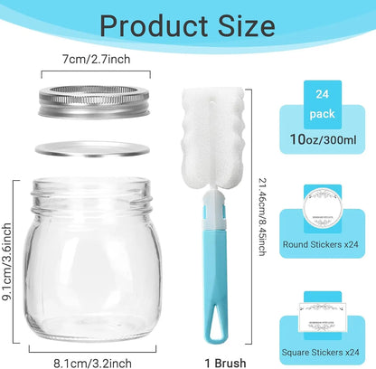 10 oz Glass Mason Jars, 24 Pack Regular Mouth with Silver Lids & Bands