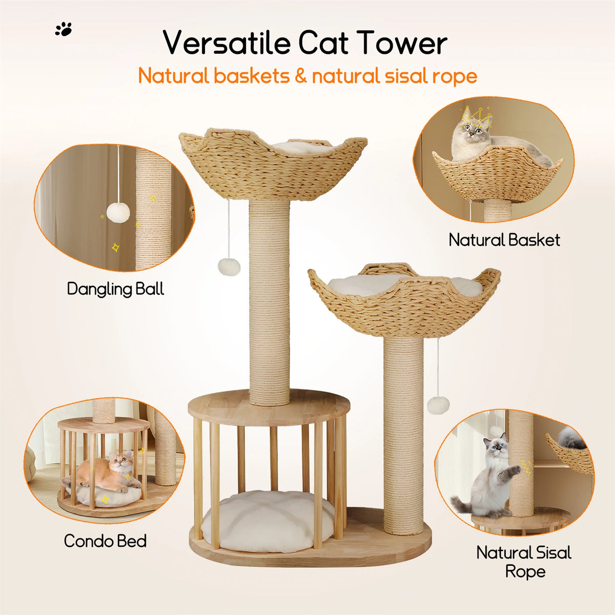 3 Tier Cat Tree Activity Tower with Plush Cushion and Dangling Ball, Sisal Scratching Post for Indoor Cats