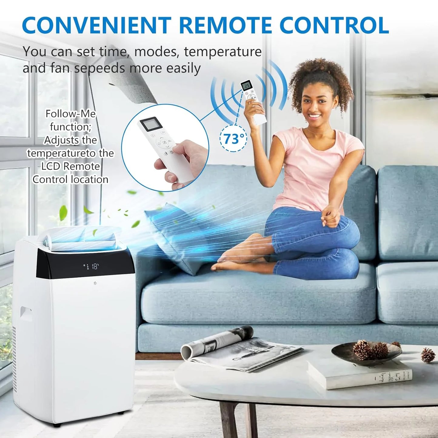 14000 BTU Portable Air Conditioner, 3-In-1 Free Standing Cooling AC Unit With Fan, Dehumidifier, Remote Control, Sleep Mode