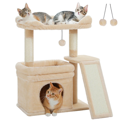 Small Cat Tree for Indoor Cat, Tower with Sisal Scratching Post and Pad, Wide Top Perch